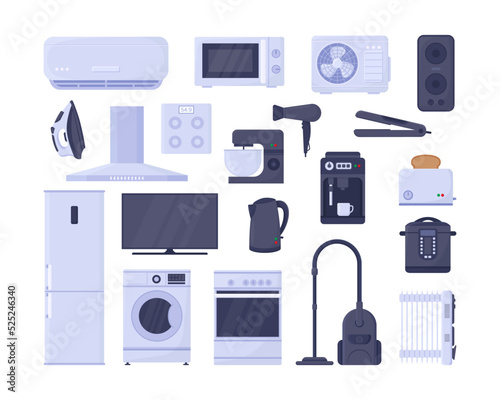 Electronic appliances for home vector illustrations set. Television, iron, fan, gadgets for kitchen, refrigerator, oven, microwave, cooker, washing machine. Household, technology, interior concept