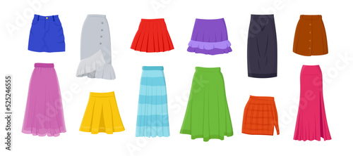 Different skirts for women vector illustrations set. Collection of cartoon drawings of woman clothes, long and mini skirts of different colors isolated on white background. Clothes, fashion concept photo