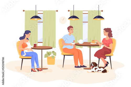 Happy people ordering food and drinks at pet cafe. Pet and eco friendly restaurant, cartoon characters with cat and dog flat vector illustration. Pets, coffee shop concept for banner, website design