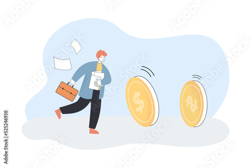 Businessman chasing dollar coins. Running man in suit holding business documents and briefcase flat vector illustration. Finance, motivation concept for banner, website design or landing web page
