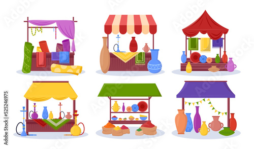 Different souk trade tents vector illustrations set. Oriental bazaar or street marketplace with pottery, merchant stalls on white background. Marketing, Middle East, Thailand or India concept