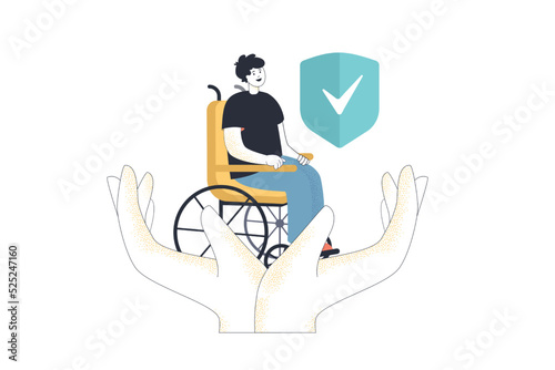 Hands holding person sitting in wheelchair. Help and medical care for tiny man with disability flat vector illustration. Insurance, medicine concept for banner, website design or landing web page