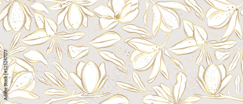Vector banner with magnolia flowers on a gray background. Line art style.
