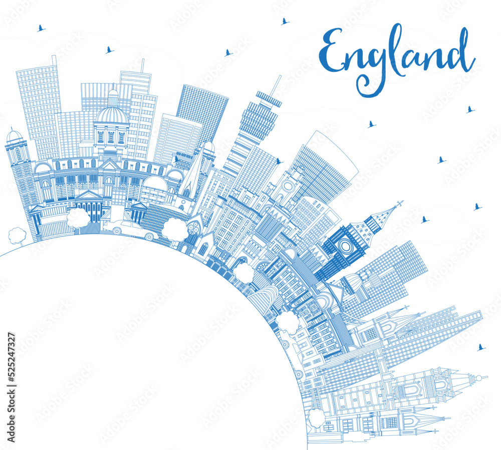 Outline England City Skyline with Blue Buildings and Copy Space.
