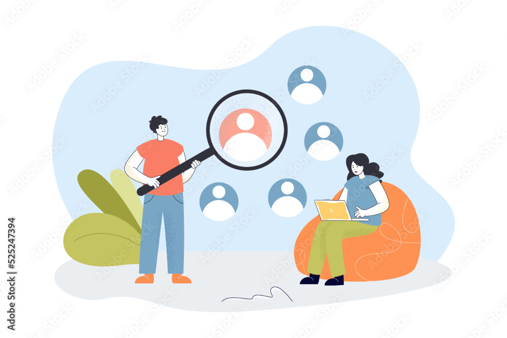 Man looking through magnifying glass at persons profile. Recruiting of tiny male and female HR workers flat vector illustration. Job, choice concept for banner, website design or landing web page Man looking through magnifying glass at persons profile. Recruiting of tiny male and female HR workers flat vector illustration. Job, choice concept for banner, website design or landing web page