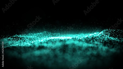 Particles effect with blue green glowing color. abstract background flickering particles with bokeh effect. 3D Rendering glow particle effects for background.