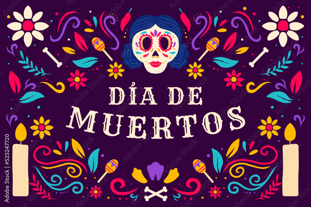 Dia de muertos, day of dead illustration with womens skull, candle, and maracas