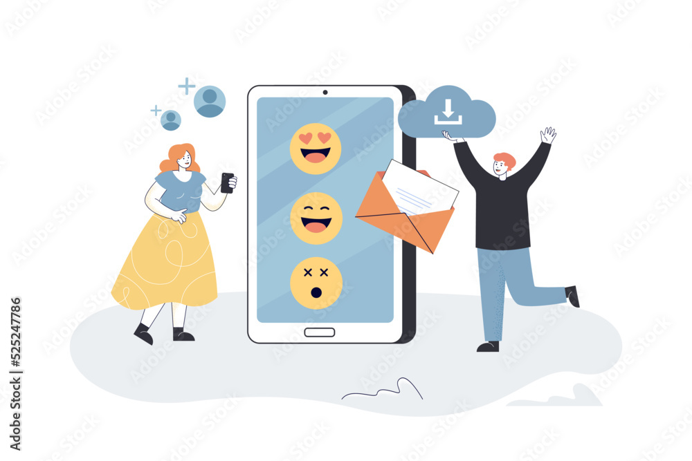 Tiny people using mobile app to chat, email and cloud download. Online communication of man and woman in phone flat vector illustration. Network concept for banner, website design or landing web page