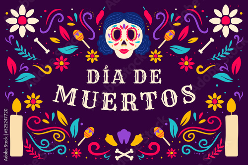 Dia de muertos, day of dead illustration with womens skull, candle, and maracas