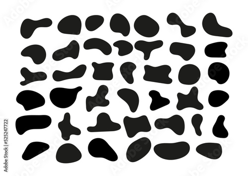 Blob speck abstract irrecular shape set. Black drop or spot random organic liquid or animal splotch. Flat design vector illustration silhouette collection.