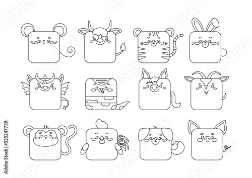 12 Chinese zodiac animal character sqaure faces line art icon vector set. Cute linear sshape square head of dragon, monkey snake, pig, dog, rooster rat, bull, tiger rabbit, horse goat. Editable stroke