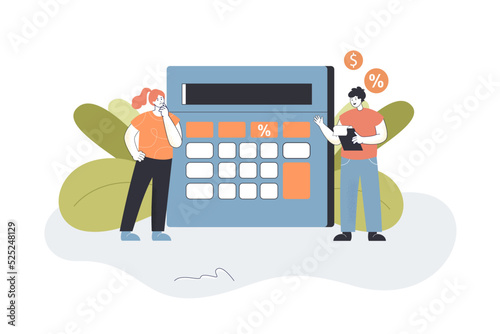 Tiny people calculating interest fee, vat refund. Man and woman with calculator flat vector illustration. Finance analysis and management concept for banner, website design or landing web page