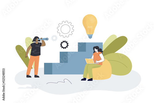 Woman with telescope looking at light bulb at ladder top. Tiny female employees working on business improvement flat vector illustration. Career concept for banner, website design or landing web page