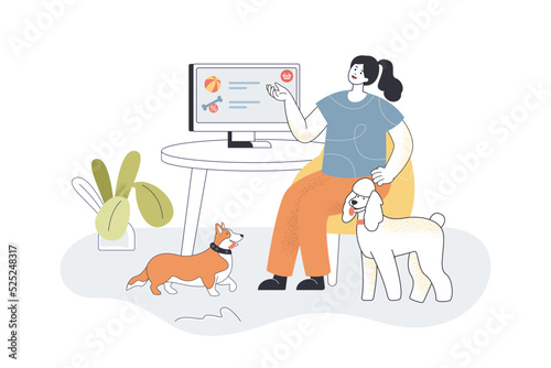 Pet owner buying food and toys for own dogs in online store. Woman sitting at computer flat vector illustration. Shopping, veterinary, petshop concept for banner, website design or landing web page