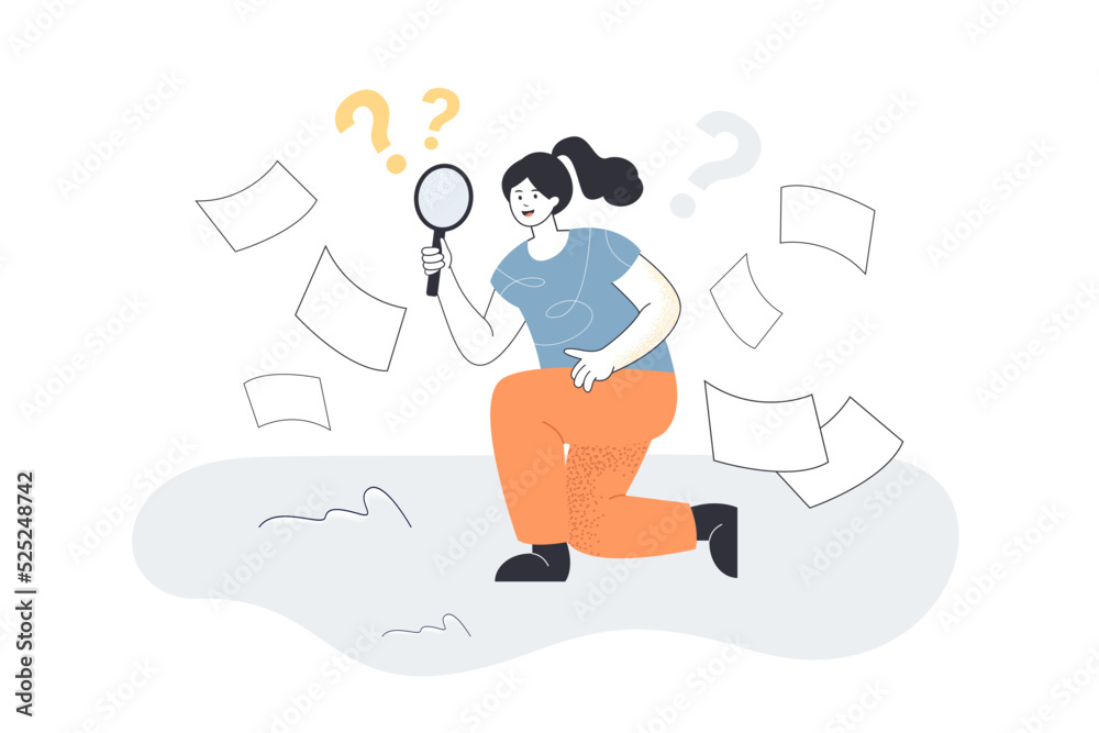 Woman looking through magnifying glass at flying paper documents. Question marks over girl flat vector illustration. Search for information concept for banner, website design or landing web page