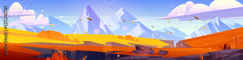 Mountain valley cartoon autumn landscape, beautiful nature background with orange rocky surface under blue sky with clouds, snowy peaks and falling leaves, scenery fall view, Vector illustration