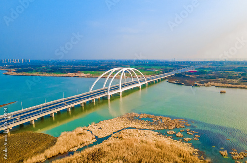 Aerial photography of Qianzi Lake Bridge and Wetland Park in Jintan District, Changzhou City, Jiangsu Province, China photo