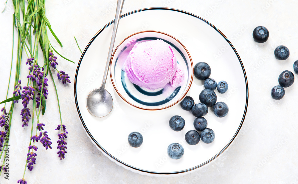 Organic blueberry ice-cream on neutral background.