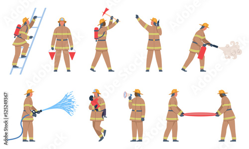 Set of Firefighter characters. Firefighters in uniforms put out fires with various equipment, hose or fire extinguisher. Evacuation and rescue of children from flame. Cartoon flat vector collection