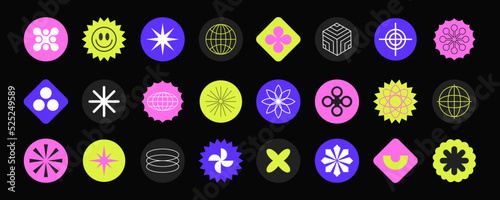 Retro futuristic design elements. collection of abstract graphic geometric symbols and objects in the year 2000 style. Templates for notes, posters, banners, stickers, business cards, logo.
