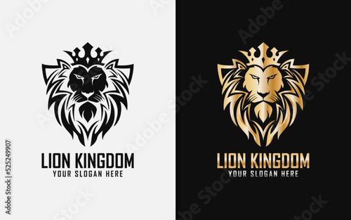 Lion Kingdom Logo Design. Golden Lion with King Crown Combined with Shield Design Concept.