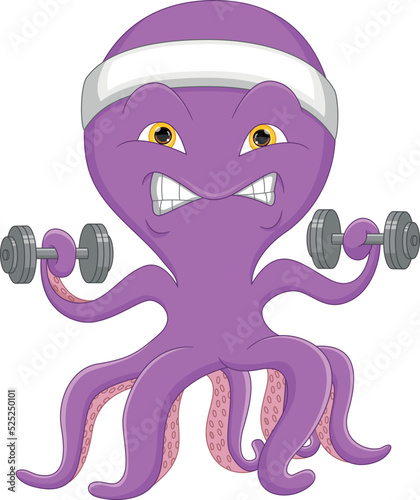 cartoon cute octopus exercise with dumbbells