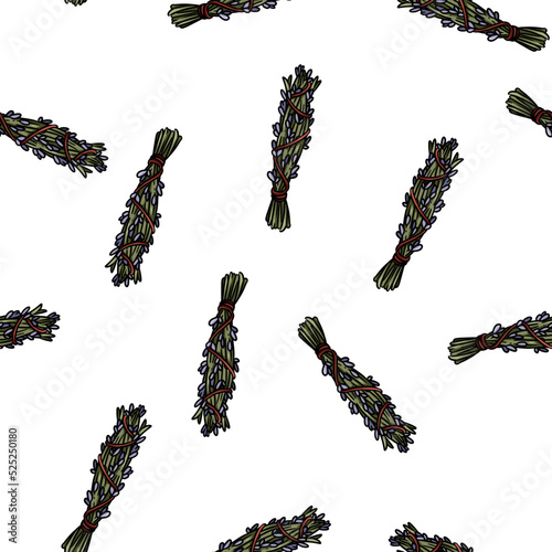 Sage smudge sticks hand-drawn boho seamless pattern. Lavender herb bundle background photo