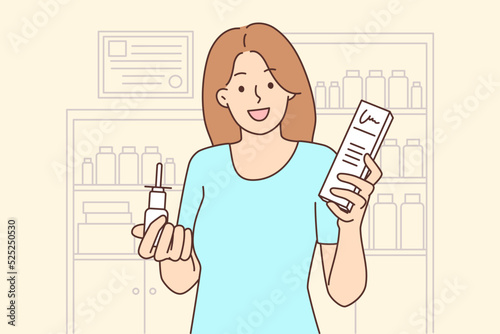 Smiling woman with meds in drugstore 