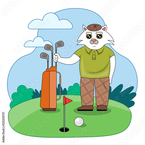 Golfing cat. White cat dressed in men's clothing. Humanoid cat. Cute cartoon kitty. Funny golfing cat flat vector illustration. Golf club mascot. 