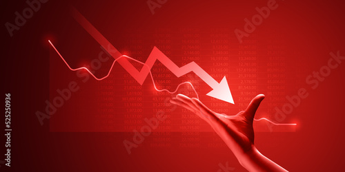 Economic recession crisis financial inflation business on crash stock chart background with impact investment finance economy down market or money loss price currency and global risk bankruptcy graph.