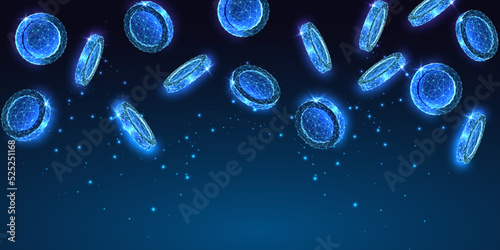 Money, coins, finances abstract banner of in futuristic glowing style on dark blue background. 