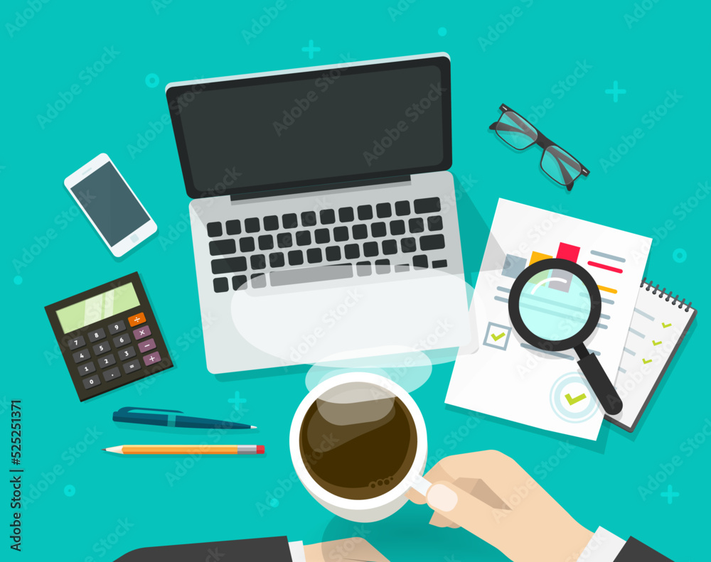 Fotografie Coffee break on computer workplace desk topview flat cartoon vector or working t