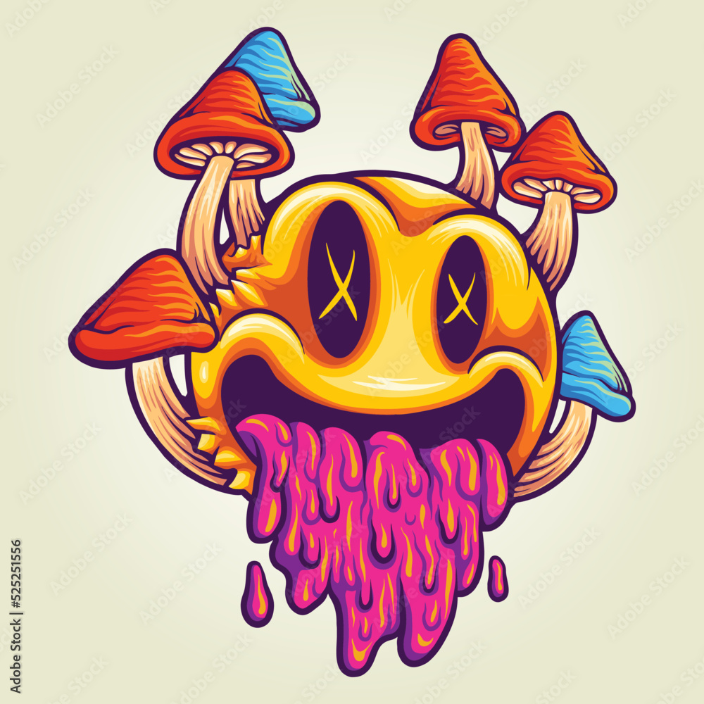 Funny psychedelic mushrooms emoticons colorful Vector illustrations for your work Logo, mascot merchandise t-shirt, stickers and Label designs, poster, greeting cards advertising business company 