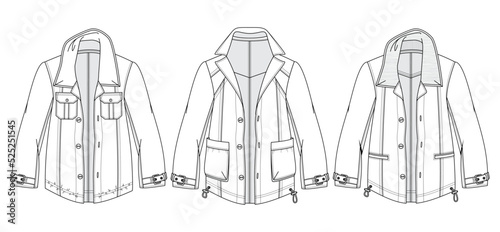 Denim Jacket Sets Men's, women, Unisex  Fashion Illustration, Vector, CAD, Technical Drawing, Flat Drawing, Template, Mockup.	