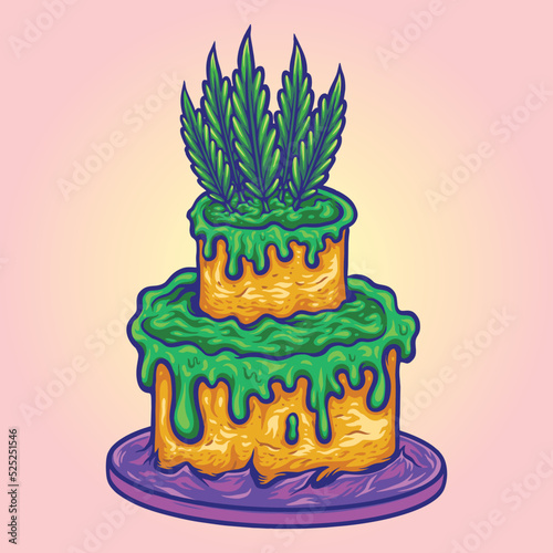 Delicious cannabis birthday cake colorful Vector illustrations for your work Logo, mascot merchandise t-shirt, stickers and Label designs, poster, greeting cards advertising business company or brands