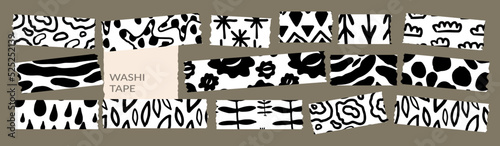 Washi tape rip with monochrome black and white scandinavian pattern vector illustration. Scotch or sellotape for scrapbooking collage. Adhesive tape collection, different size pieces. Paper torn shape