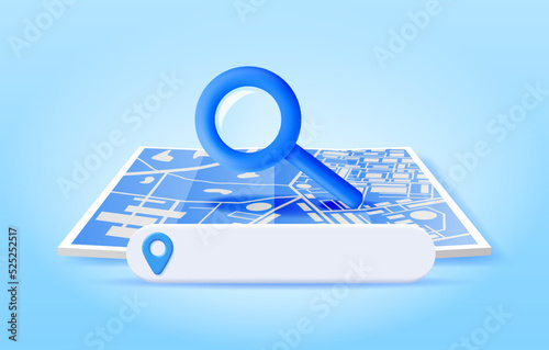 3D Location Folded Paper Map, Search Bar and Pin Isolated. Blue GPS Pointer Marker Icon. GPS and Navigation Symbol. Element for Map, Social Media, Mobile Apps. Realistic Vector Illustration