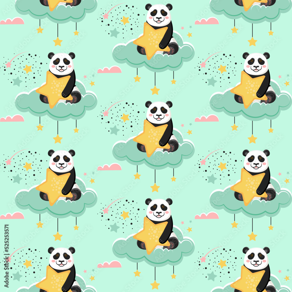 Seamless pattern with cute pandas, stars, hearts and clouds. Background with teddy bears in vector. Suitable for children's textiles, fabrics, wrapping paper, postcards.