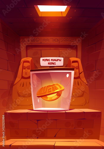 Egypt temple or treasury interior with ring of Khufu king. Pyramid tomb room with brick wall, statues, hieroglyphs and hatch on ceiling. Ancient Egyptian history game level Cartoon vector illustration