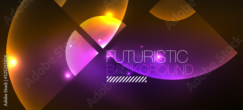 Abstract background with neon glowing light effects. Round shapes, triangles and circles. Wallpaper for concept of AI technology, blockchain, communication, 5G, science, business and technology