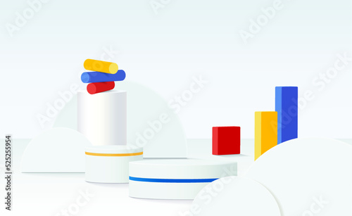 Abstract 3d white cylinder pedestal podium with white wall scene and semi circle backdrop