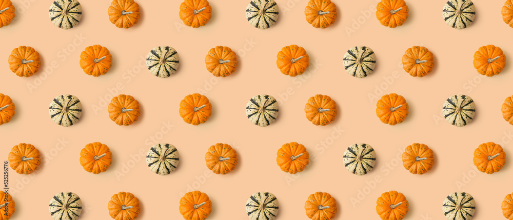 Many pumpkins on beige background. Pattern for design Many pumpkins on beige background. Pattern for design