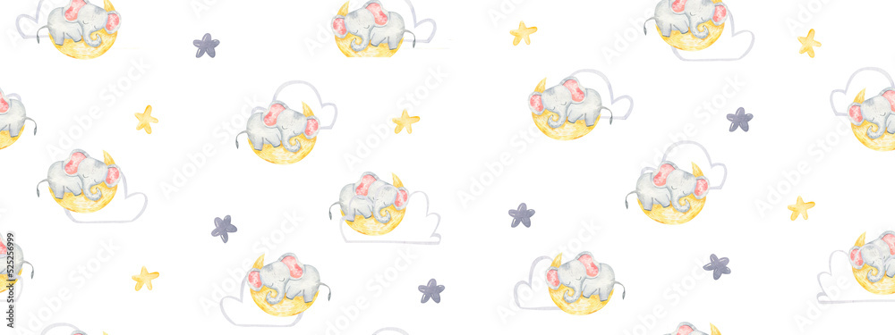 seamless pattern with cute sleeping elephant on the moon, wallpaper, childish design, watercolor illustration