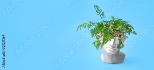 Davallia fern in human head shape plant pot over blue background. Mock up template. Minimalistic flower concept of business, banking, art, floristry, education, hairdressing. Abstract human face photo