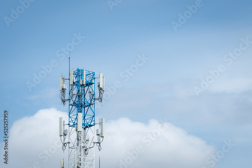 Telecommunication equipment for 5g radio network. Telecommunication tower. Antenna for wireless network. Broadcasting tower for internet communication. Broadcast antenna. Cell phone 5g antenna.