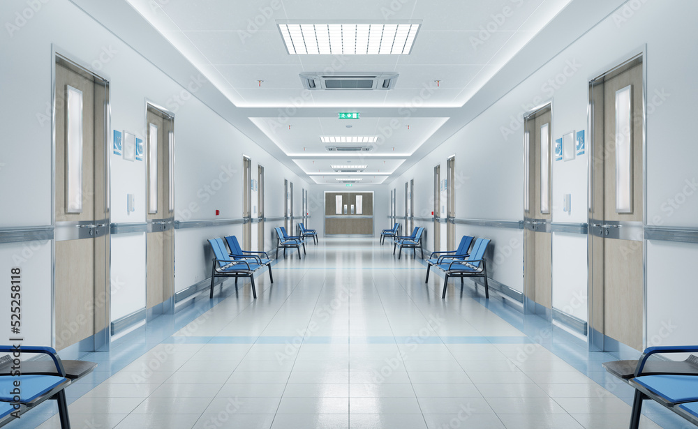 Long white hospital corridor with rooms and seats 3D rendering. Empty accident and emergency interior with bright lights lighting the hall from the ceiling - obrazy, fototapety, plakaty 