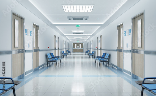 Wallpaper Mural Long white hospital corridor with rooms and seats 3D rendering. Empty accident and emergency interior with bright lights lighting the hall from the ceiling Torontodigital.ca