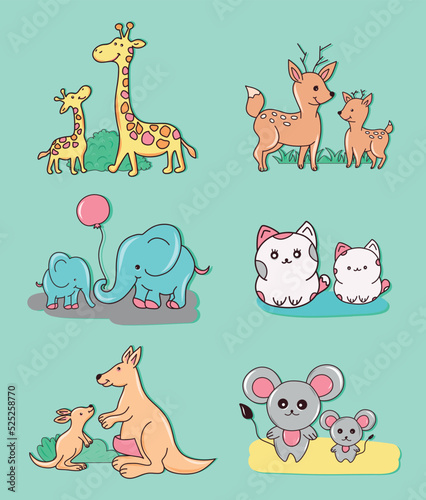Vector bright icons stickers cute animals baby boy animals of Africa pets mom and baby giraffe kangaroo elephant deer cat mouse