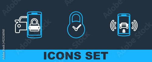 Set line Smart car alarm system, security and Padlock with clock icon. Vector