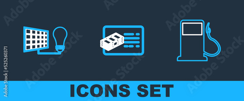 Set line Petrol or Gas station, Solar energy panel and light bulb and Financial document icon. Vector